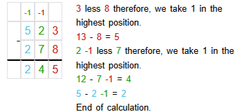 long substraction 523 - 278